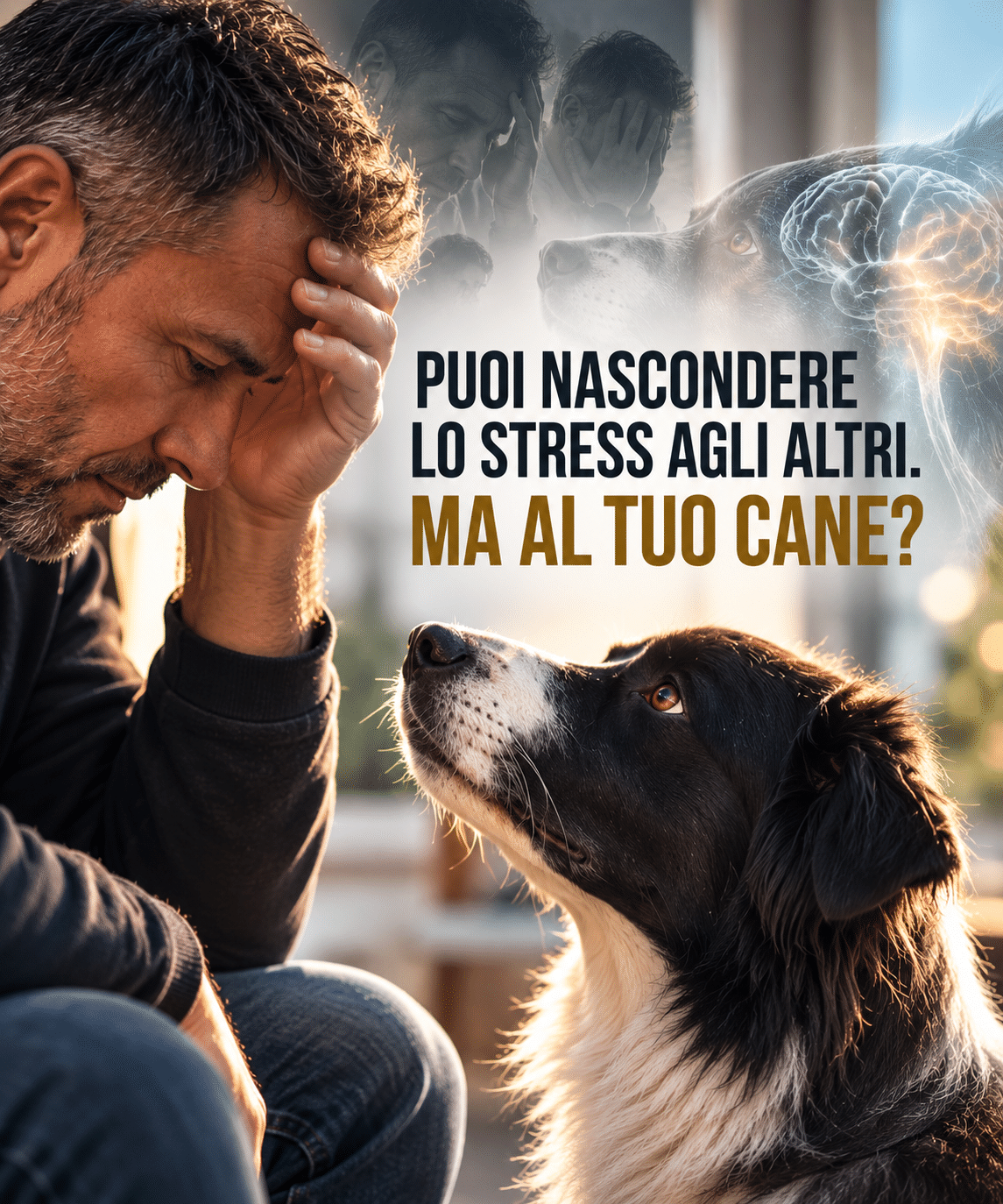 Uomo stressato e cane che lo osserva